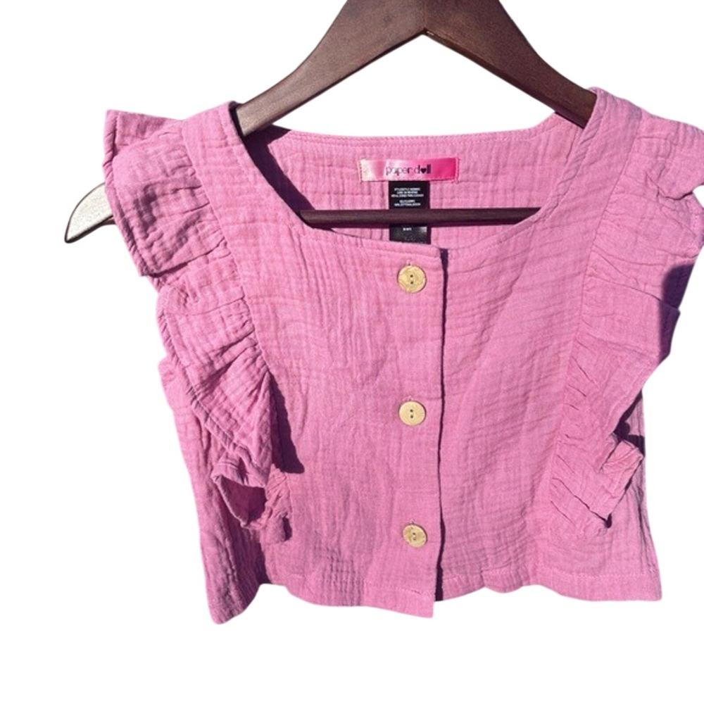 Paper Doll Ruffle Gauze Top‎ Kids M 10/12 Pink Excellent Boho Button Front